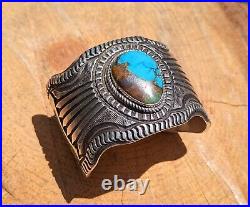 Navajo Turquoise Bracelet Heavy Sterling Silver Royston Elvira Bill Sz 7.25