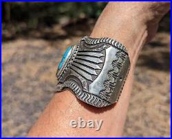 Navajo Turquoise Bracelet Heavy Sterling Silver Royston Elvira Bill Sz 7.25