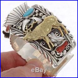Navajo Turquoise Coral ELK Watch Bracelet Mens s7-8.5 Sterling Silver Gold Cuff