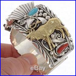 Navajo Turquoise Coral ELK Watch Bracelet Mens s7-8.5 Sterling Silver Gold Cuff