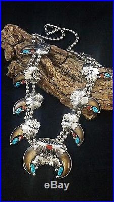 Navajo Turquoise, Coral and Sterling Silver Claw Squash Blossom Necklace