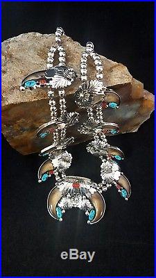 Navajo Turquoise, Coral and Sterling Silver Claw Squash Blossom Necklace