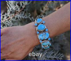 Navajo Turquoise Cuff Bracelet Kingman w Pyrite Sterling Silver Signed Jewelry