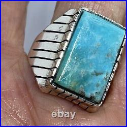 Navajo Turquoise Mens Ring Sz 10.5 Lg Rectangle Signed Ray Jack 12g Sterling