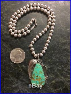 Navajo Turquoise Pendant & Sterling Silver Bead Necklace TT Southwestern 925