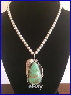 Navajo Turquoise Pendant & Sterling Silver Bead Necklace TT Southwestern 925