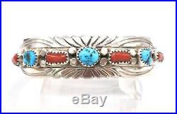 Navajo Turquoise Red Coral Row Sterling Silver Cuff Bracelet Stamped