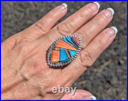 Navajo Turquoise Ring Mosaic Signed Douglas Native American Jewelry NA Size 9.5