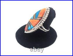 Navajo Turquoise Ring Mosaic Signed Douglas Native American Jewelry NA Size 9.5