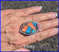 Navajo Turquoise Ring Mosaic Signed Douglas Native American Jewelry NA Size 9.5