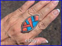 Navajo Turquoise Ring Mosaic Silver Signed Native American Jewelry NA Sz 8.75US