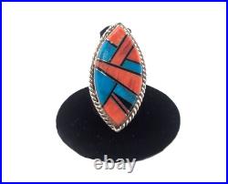 Navajo Turquoise Ring Mosaic Silver Signed Native American Jewelry NA Sz 8.75US