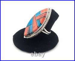 Navajo Turquoise Ring Mosaic Silver Signed Native American Jewelry NA Sz 8.75US