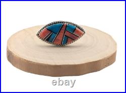 Navajo Turquoise Ring Mosaic Silver Signed Native American Jewelry NA Sz 8.75US