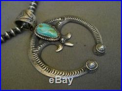 Navajo Turquoise Sterling Silver Bead Necklace + Naja Pendant, Signed EL BILLAH