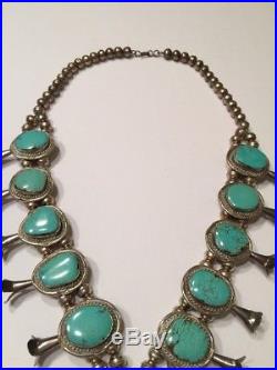 Navajo Turquoise Sterling Silver Squash Blossom Necklace Vintage 1970s Handmade