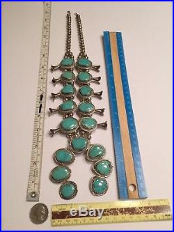 Navajo Turquoise Sterling Silver Squash Blossom Necklace Vintage 1970s Handmade