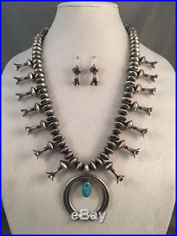 Navajo Turquoise and Sterling Silver Squash Blossom Necklace and Earrings