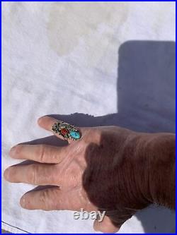 Navajo Turquoise and red coral vintage Morty Johnson silver 7.5 ring