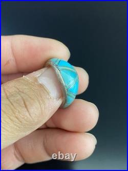 Navajo VTG Signed JE Native American Sterling Silver 925 Turquoise Inlay Ring