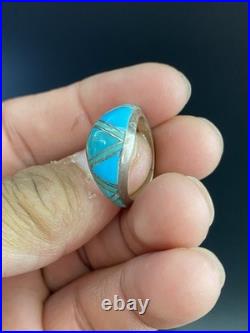 Navajo VTG Signed JE Native American Sterling Silver 925 Turquoise Inlay Ring