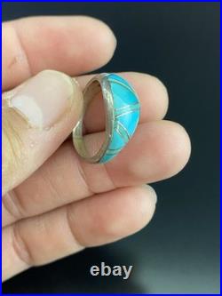 Navajo VTG Signed JE Native American Sterling Silver 925 Turquoise Inlay Ring