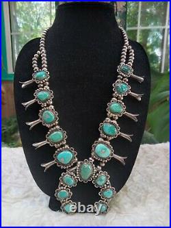 Navajo Vintage Old Pawn Sterling Turquoise Squash Blossom Necklace- Stunning