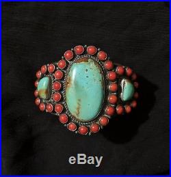 Navajo cuff bracelet, turquoise and coral, sterling silver. Signed by Kirk Smith