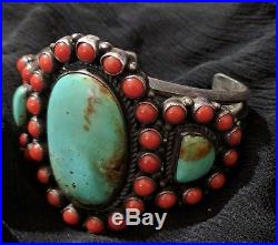 Navajo cuff bracelet, turquoise and coral, sterling silver. Signed by Kirk Smith