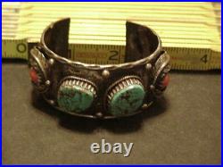 Navajo native American sterling silver, turquoise, and coral cuff bracelet