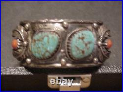 Navajo native American sterling silver, turquoise, and coral cuff bracelet