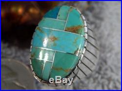 New Mens Sterling Kingman Turquoise Inlay Ring Navajo Ray Jack Size 12 1/4