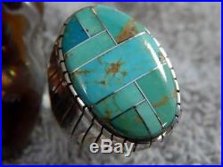 New Mens Sterling Kingman Turquoise Inlay Ring Navajo Ray Jack Size 12 1/4