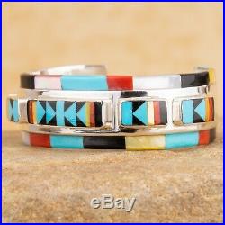 New Native American Sterling Silver Multi Stone Inlay Cuff Bracelet Signed OP