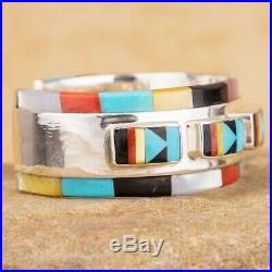 New Native American Sterling Silver Multi Stone Inlay Cuff Bracelet Signed OP