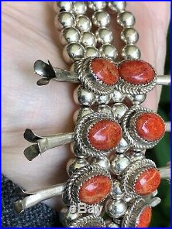 Nice! Navajo Indian Southwestern Squash Blossom Necklace Sterling Silver & Coral