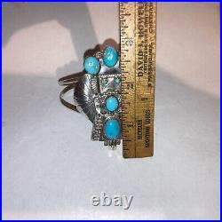 Nice Old Vintage Navajo Or Zuni Sterling Silver Kachina Doll Turquoise Bracelet