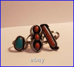 Nice older Native American Sterling Silver Turquoise and Coral Ring Lot