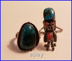Nice older Native American Sterling Silver Turquoise and Coral Ring Lot