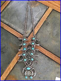 OLD EARLY 1960s VINTAGE NAVAJO STERLING SILVER TURQUOISE SQUASH BLOSSOM NECKLACE