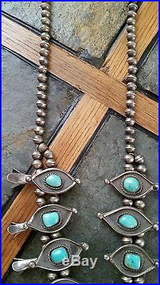 OLD EARLY 1960s VINTAGE NAVAJO STERLING SILVER TURQUOISE SQUASH BLOSSOM NECKLACE