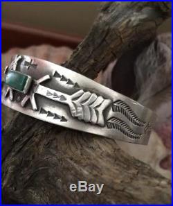 OLD Fred Harvey Navajo Sterling Silver Green Turquoise Arrow Horse Dog Bracelet