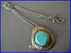 OLD Heavy-Gauge Native American Bright Turquoise Sterling Silver Chain Necklace