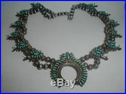 Old Navajo2 Row Bench Bead Sterling Silver Turquoise Squash Blossom Necklace Nr