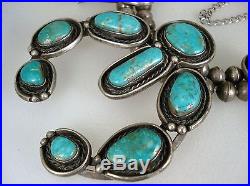 Old Navajo Sterling Silver & Blue Green Turquoise Squash Blossom Necklace