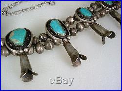 Old Navajo Sterling Silver & Blue Green Turquoise Squash Blossom Necklace