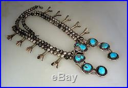 Old Navajo Sterling Silver & Morenci Turquoise Squash Blossom Necklace