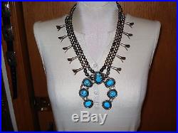 Old Navajo Sterling Silver & Morenci Turquoise Squash Blossom Necklace