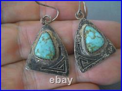 OLD Native American Navajo Kingman Turquoise Sterling Silver Etched Earrings