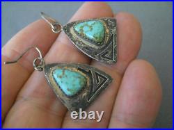 OLD Native American Navajo Kingman Turquoise Sterling Silver Etched Earrings